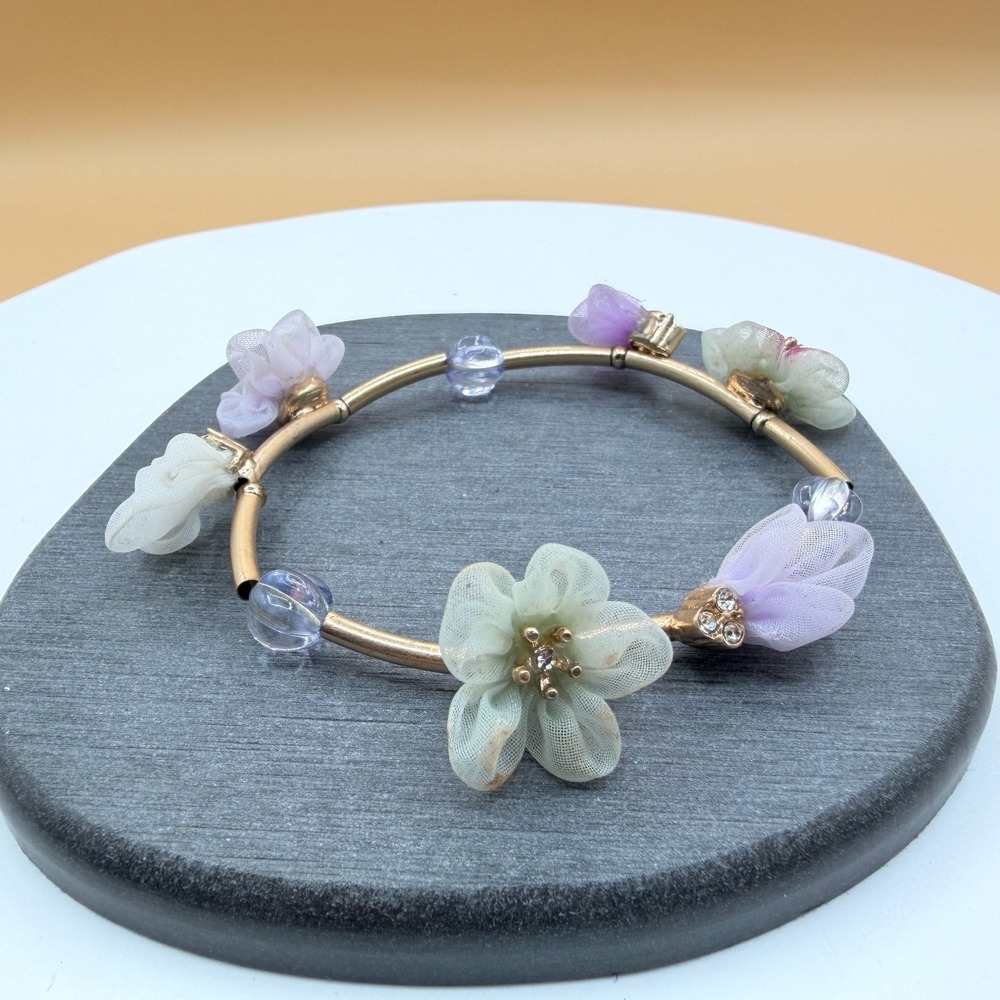 Gold Tone Pastel Flower Rhinestone Beaded Cottagecore Statement Bangle Bracelet
